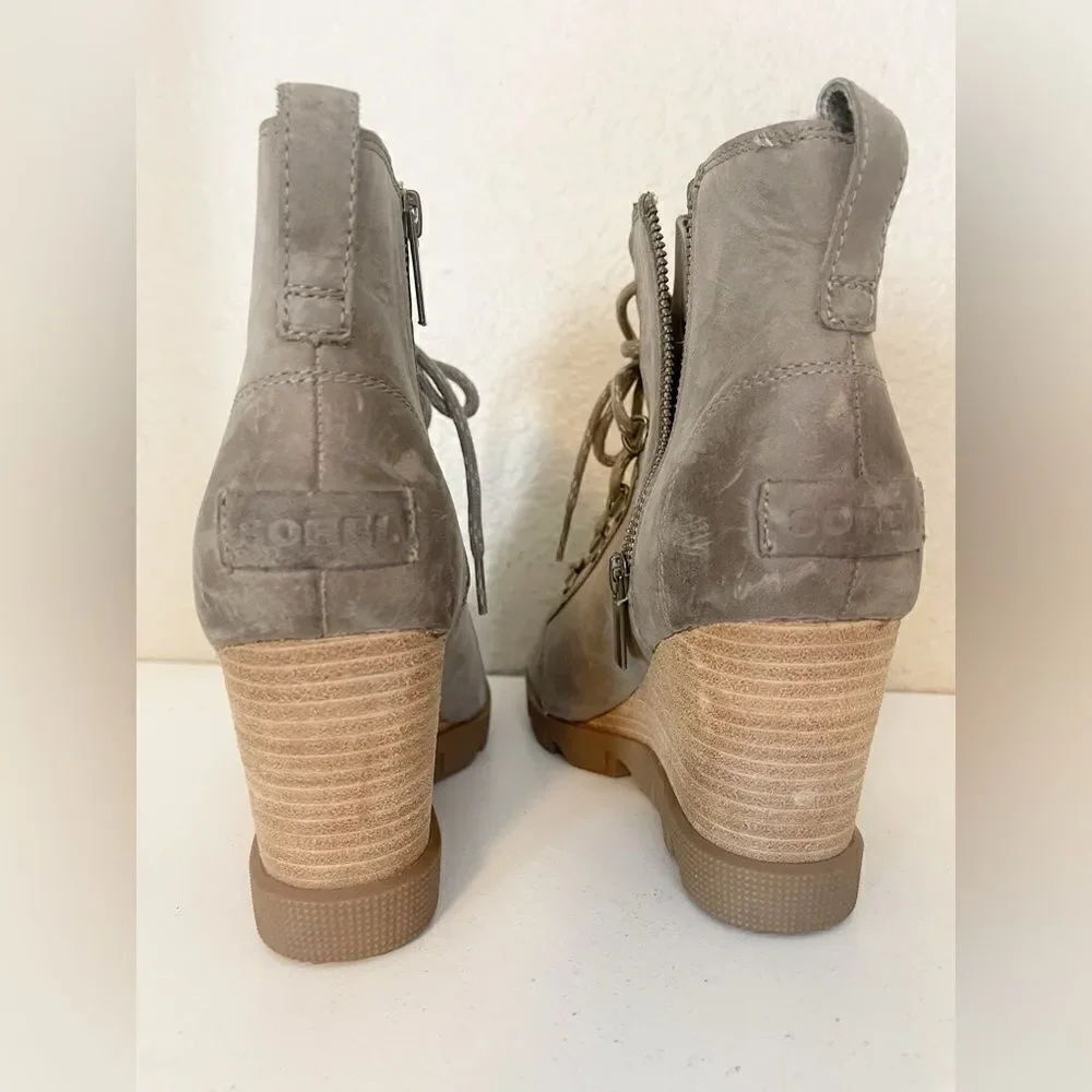 Sorel Joan Uptown Waterproof Wedge Bootie in mushroom. 8.5